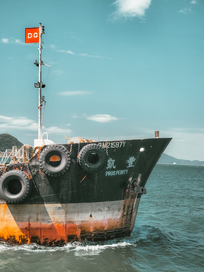 A cargo ship labeled 'Prosperity' sails peacefully on the ocean under a clear blue sky.